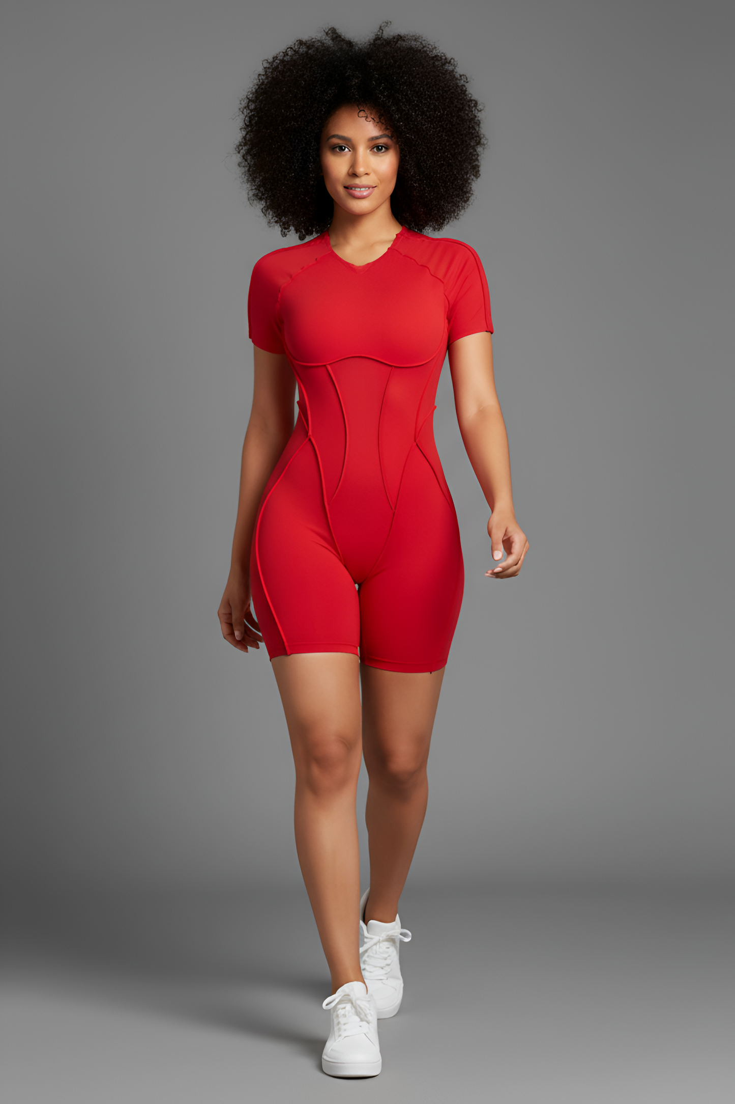 Corset-Detail Sculpting Mini Unitard | Open-Back Active Romper with Body Contouring