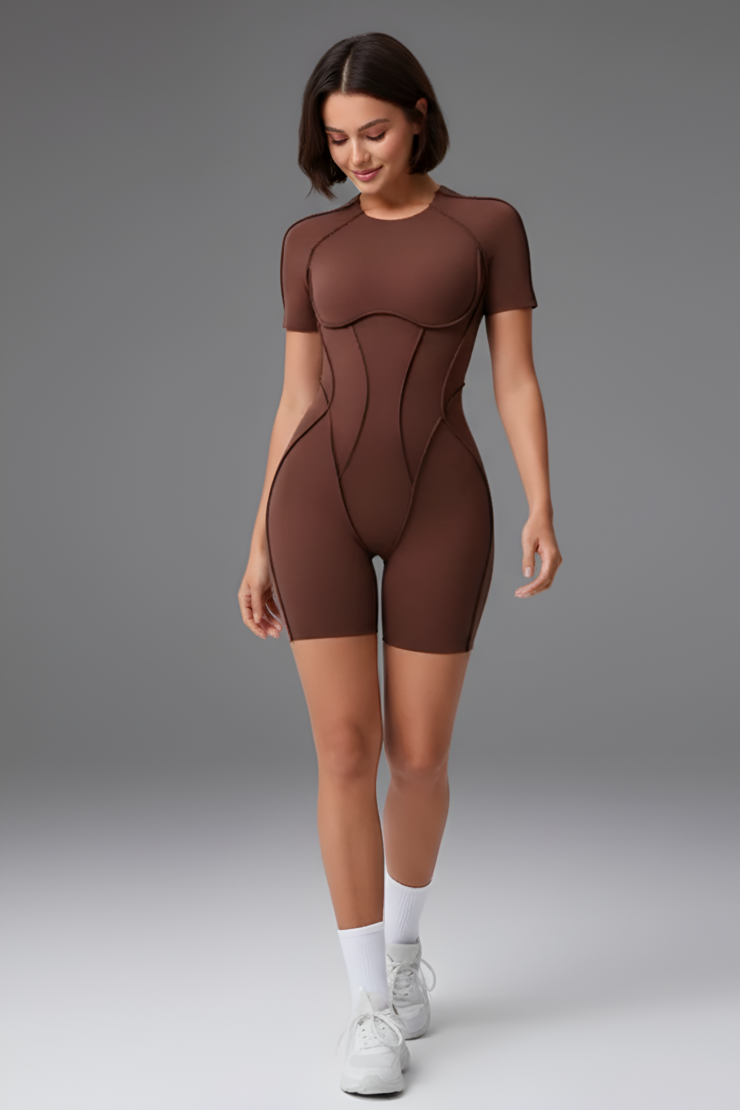 Corset-Detail Sculpting Mini Unitard | Open-Back Active Romper with Body Contouring