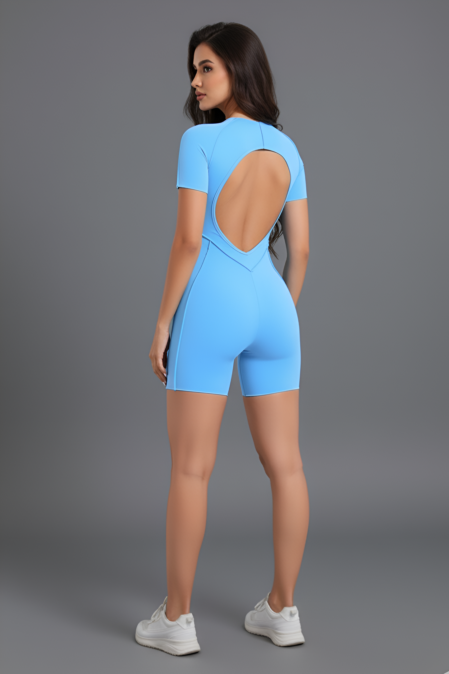 Corset-Detail Sculpting Mini Unitard | Open-Back Active Romper with Body Contouring