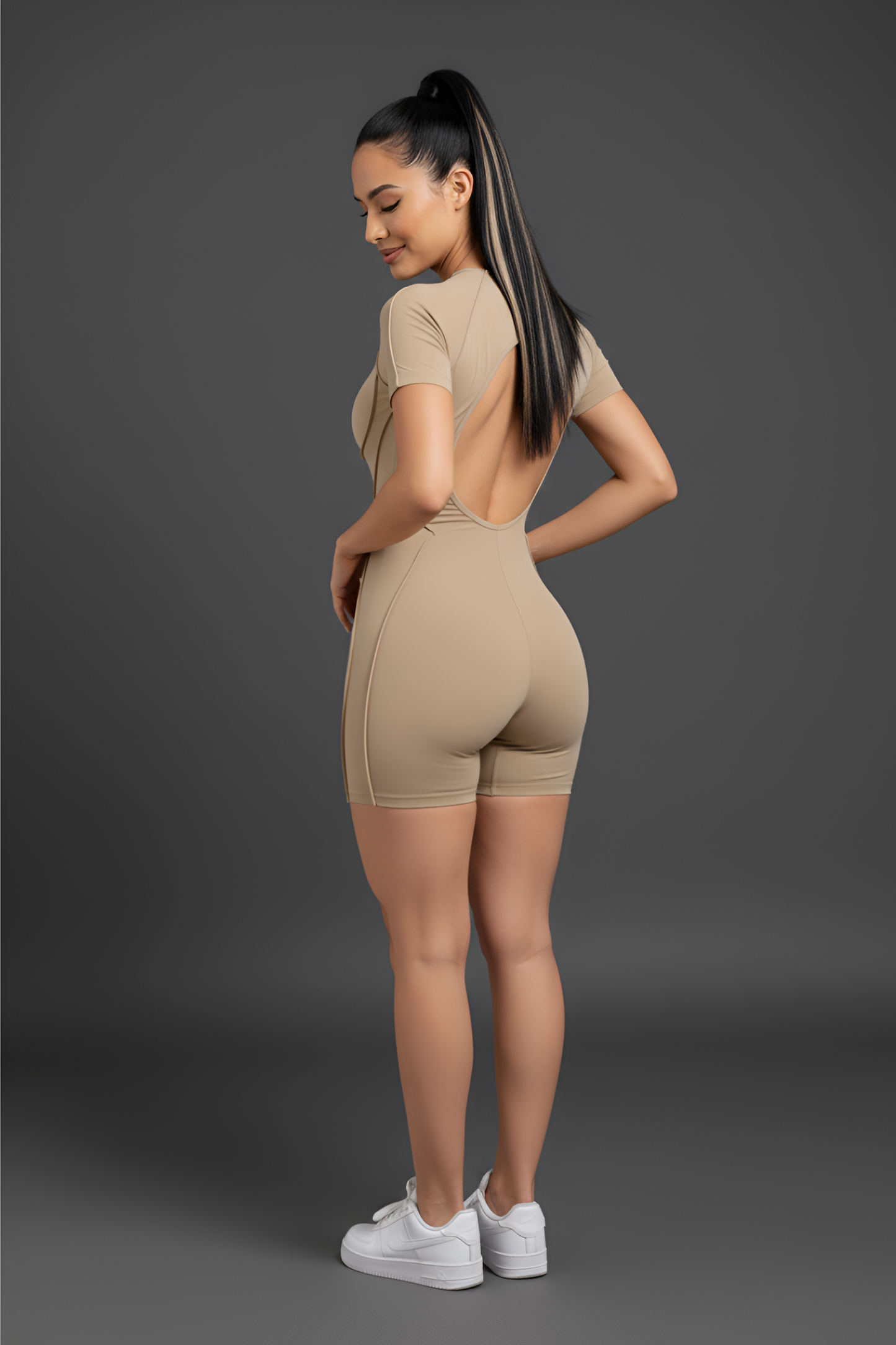 Corset-Detail Sculpting Mini Unitard | Open-Back Active Romper with Body Contouring