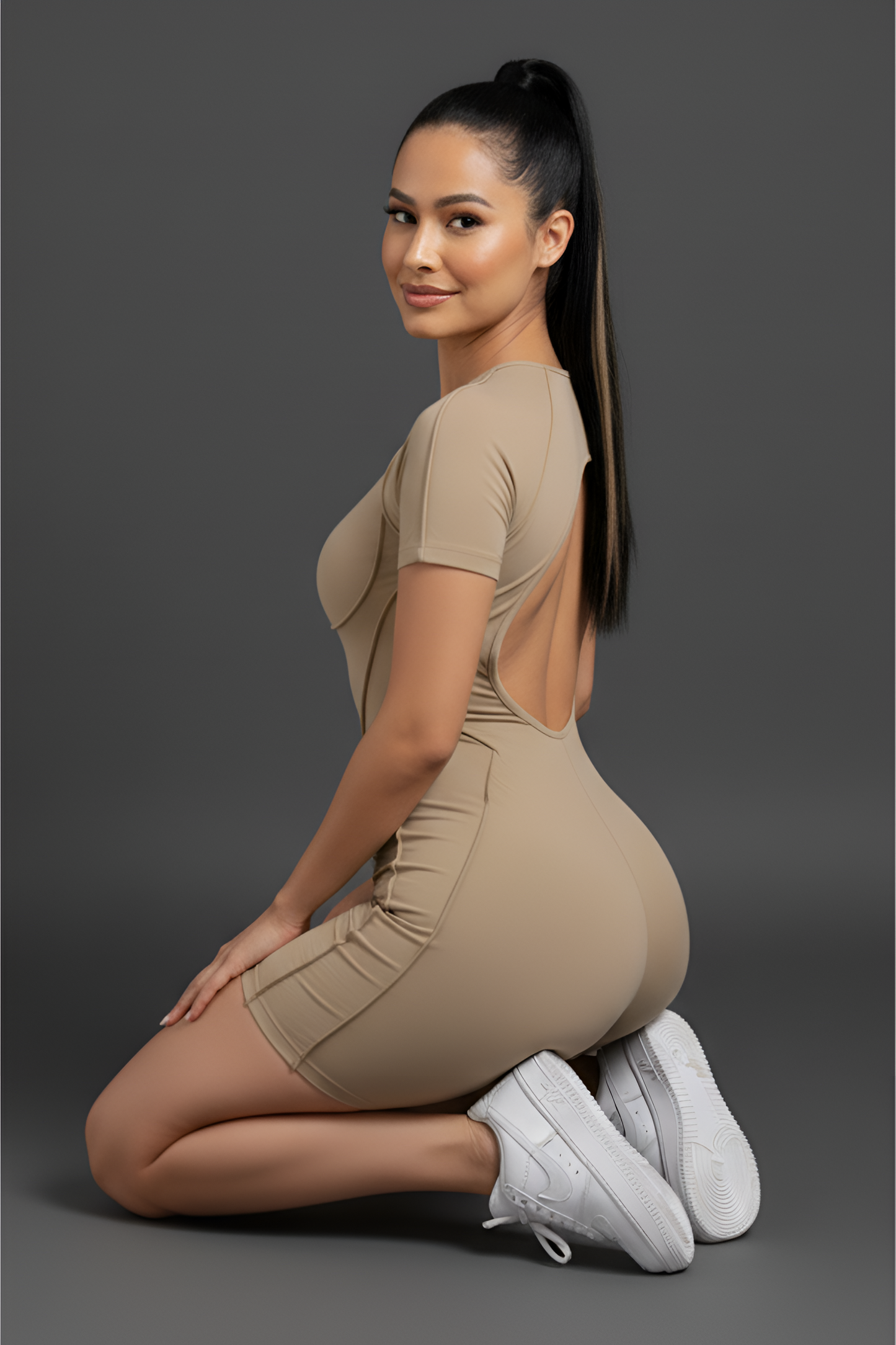 Corset-Detail Sculpting Mini Unitard | Open-Back Active Romper with Body Contouring