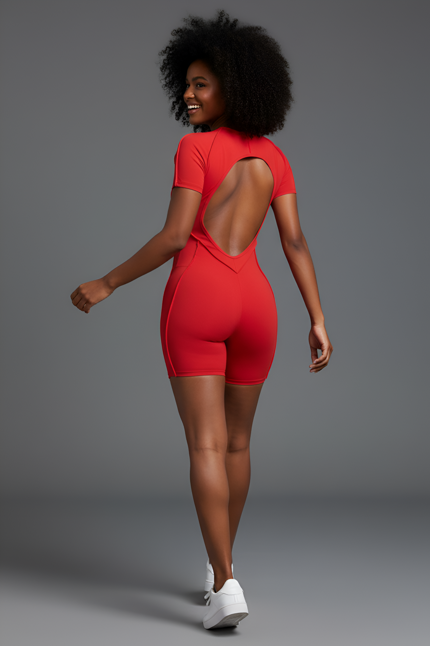 Corset-Detail Sculpting Mini Unitard | Open-Back Active Romper with Body Contouring