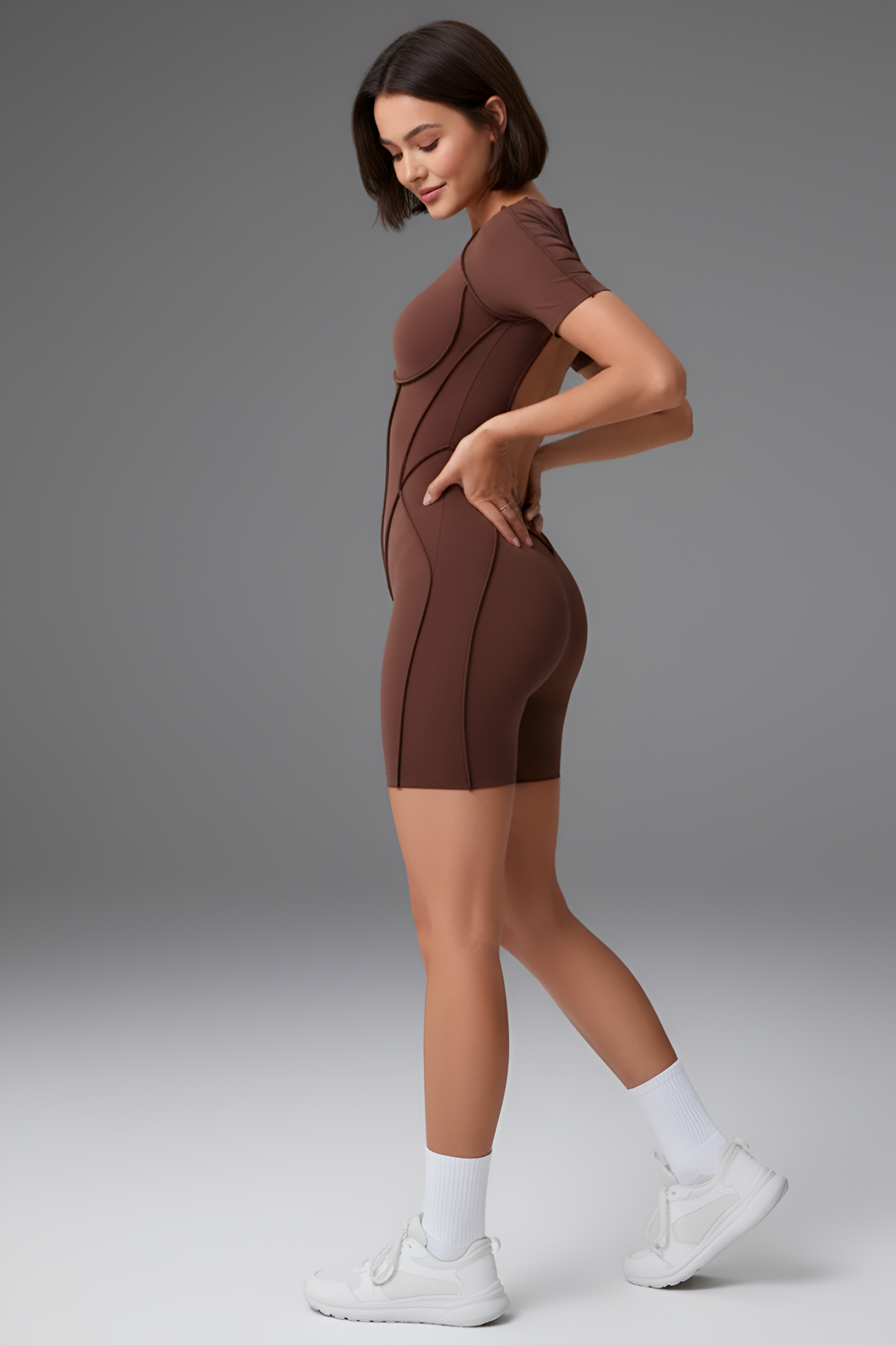 Corset-Detail Sculpting Mini Unitard | Open-Back Active Romper with Body Contouring