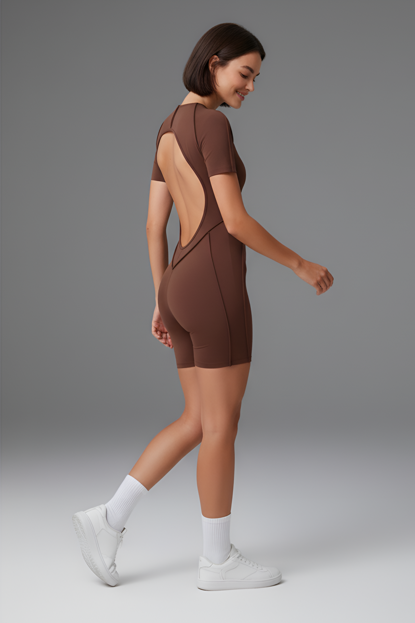 Corset-Detail Sculpting Mini Unitard | Open-Back Active Romper with Body Contouring