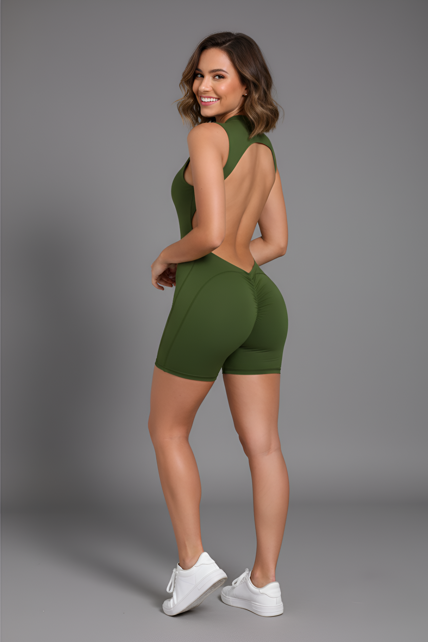 Sculpting Open-Back Mini Unitard | Seamless High-Waist Biker Romper