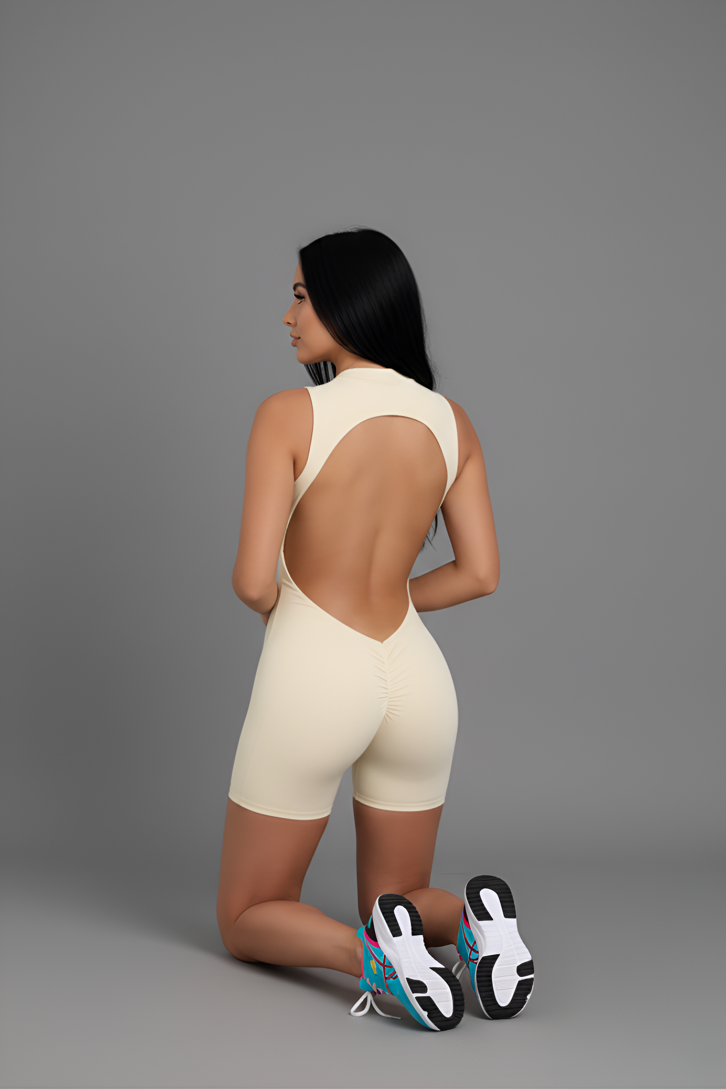 Sculpting Open-Back Mini Unitard | Seamless High-Waist Biker Romper