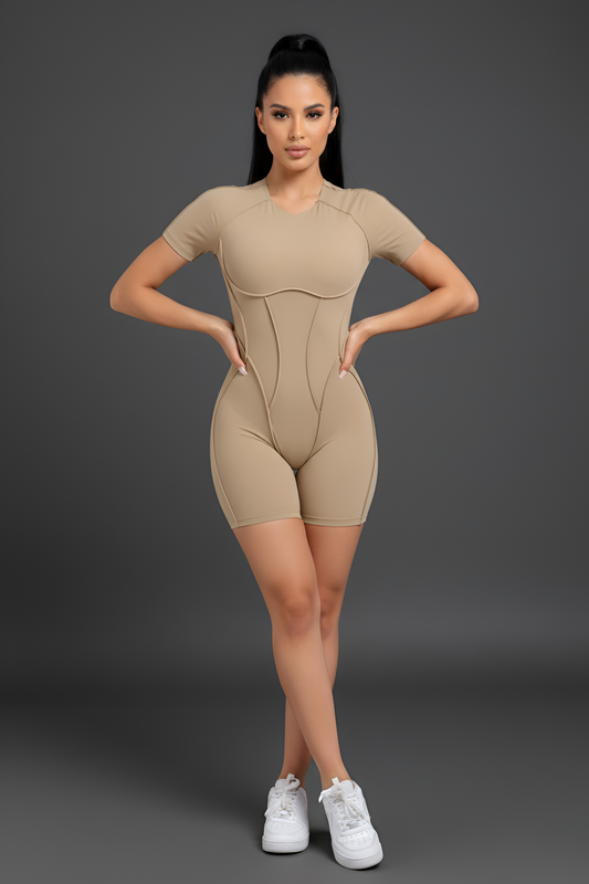 Corset-Detail Sculpting Mini Unitard | Open-Back Active Romper with Body Contouring