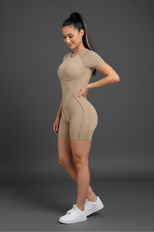 Corset-Detail Sculpting Mini Unitard | Open-Back Active Romper with Body Contouring